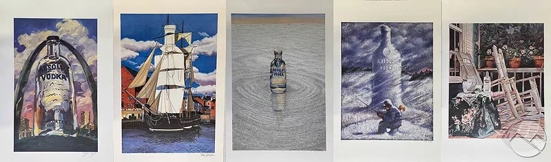 Absolut Statehood Limited Edition Lithographs 5pcs: Set of five limited edition color lithographs from the Absolut Statehood: 51 Painters - Visions of Their Home States series (1992). The prints feature varied interpretations of the Absolut bottle by c