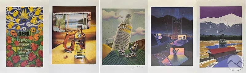 Absolut Statehood Limited Edition Lithographs 5pcs: Set of five limited edition color lithographs from the Absolut Statehood: 51 Painters - Visions of Their Home States series (1992). These prints feature varied interpretations of the Absolut bottle by