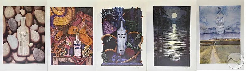 Absolut Statehood Limited Edition Lithographs 5pcs: Set of five limited edition color lithographs from the Absolut Statehood: 51 Painters - Visions of Their Home States series (1992). The prints feature distinctive interpretations of the Absolut bottle