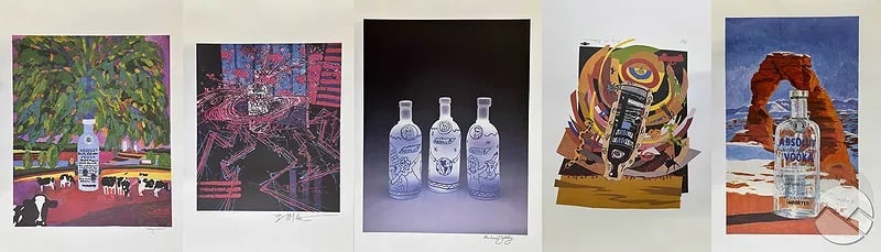Absolut Statehood Limited Edition Lithographs 5pcs: Set of five limited edition color lithographs from the Absolut Statehood: 51 Painters - Visions of Their Home States series (1992). Artists represented include Kenny Scharf (Absolut California), R. Cr