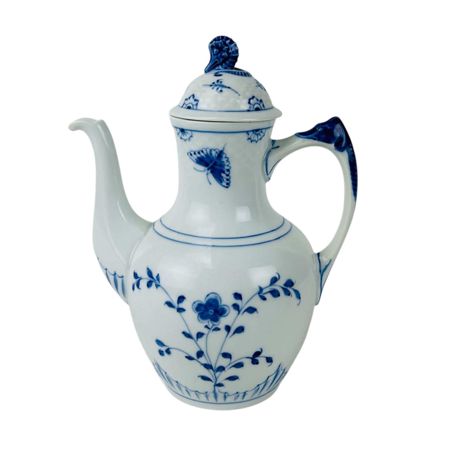 Bing Grondahl Butterfly Porcelain Coffee Pot w Lid: Bing and Grondahl (B&G) Danish porcelain lidded coffee pot in the retired / discontinued Butterfly pattern. Decorated in underglaze blue with floral motifs, butterfly accents, and stylized borders on