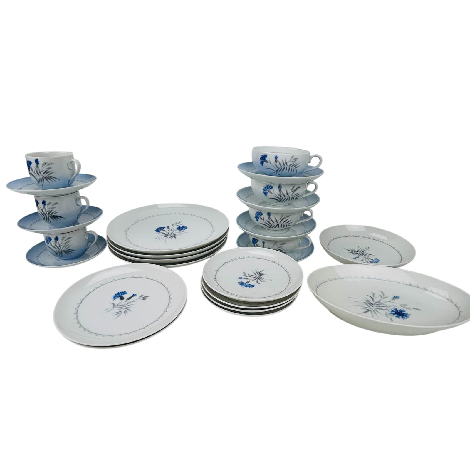Bing & Grondahl Cornflower Blue Edge Partial China: Bing & Grondahl (B&G) Danish porcelain partial dinnerware in the retired / discontinued Cornflower Blue Edge pattern. Decorated with blue cornflower motif and gray border design on white ground. Inclu