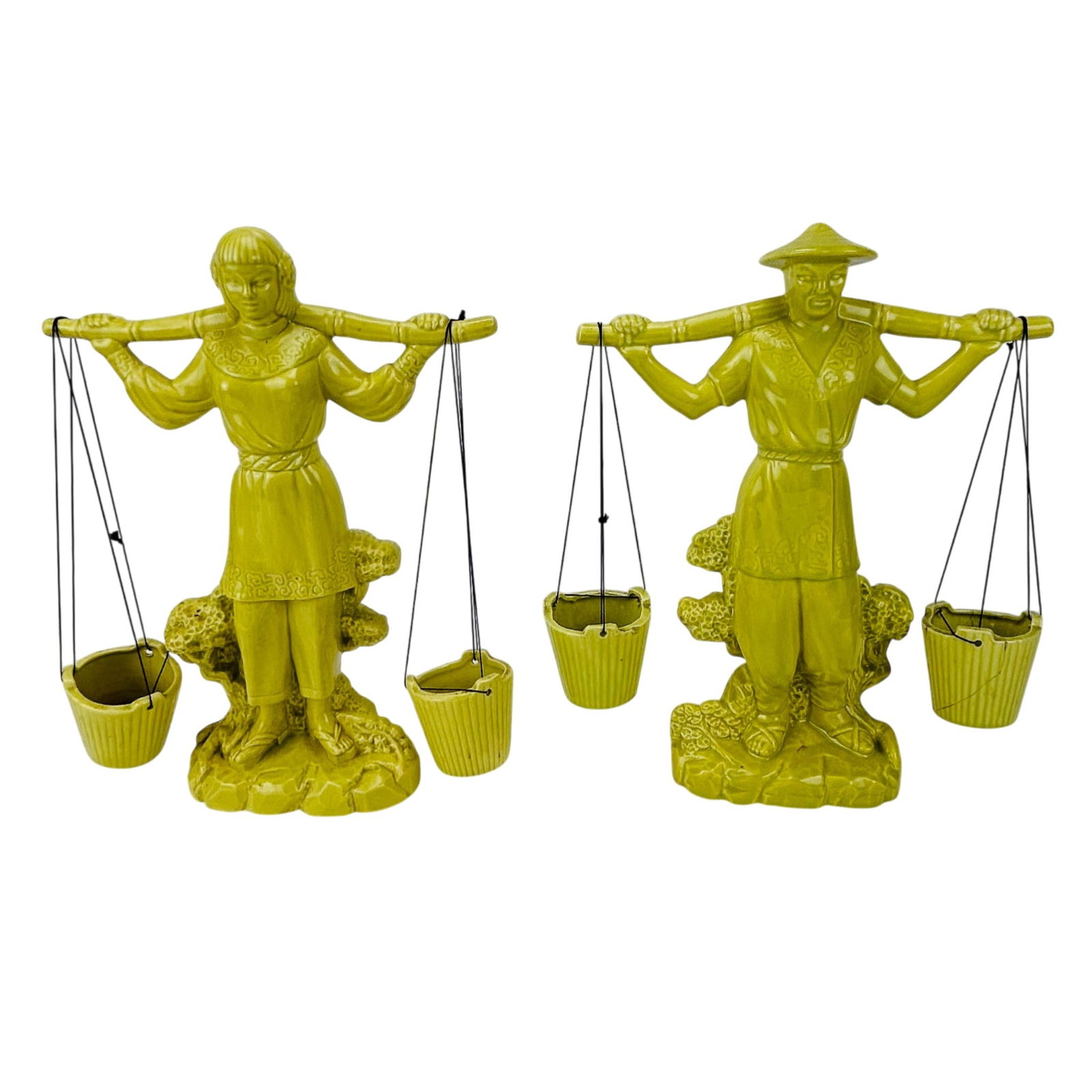Gonder Ceramics Asian Water Carrier Figurines PR: Pair of Mid Century Modern Gonder Pottery figural sculptures produced between 1941-1957. Forms depict male and female figures carrying shoulder poles suspending hanging buckets attached with black cor