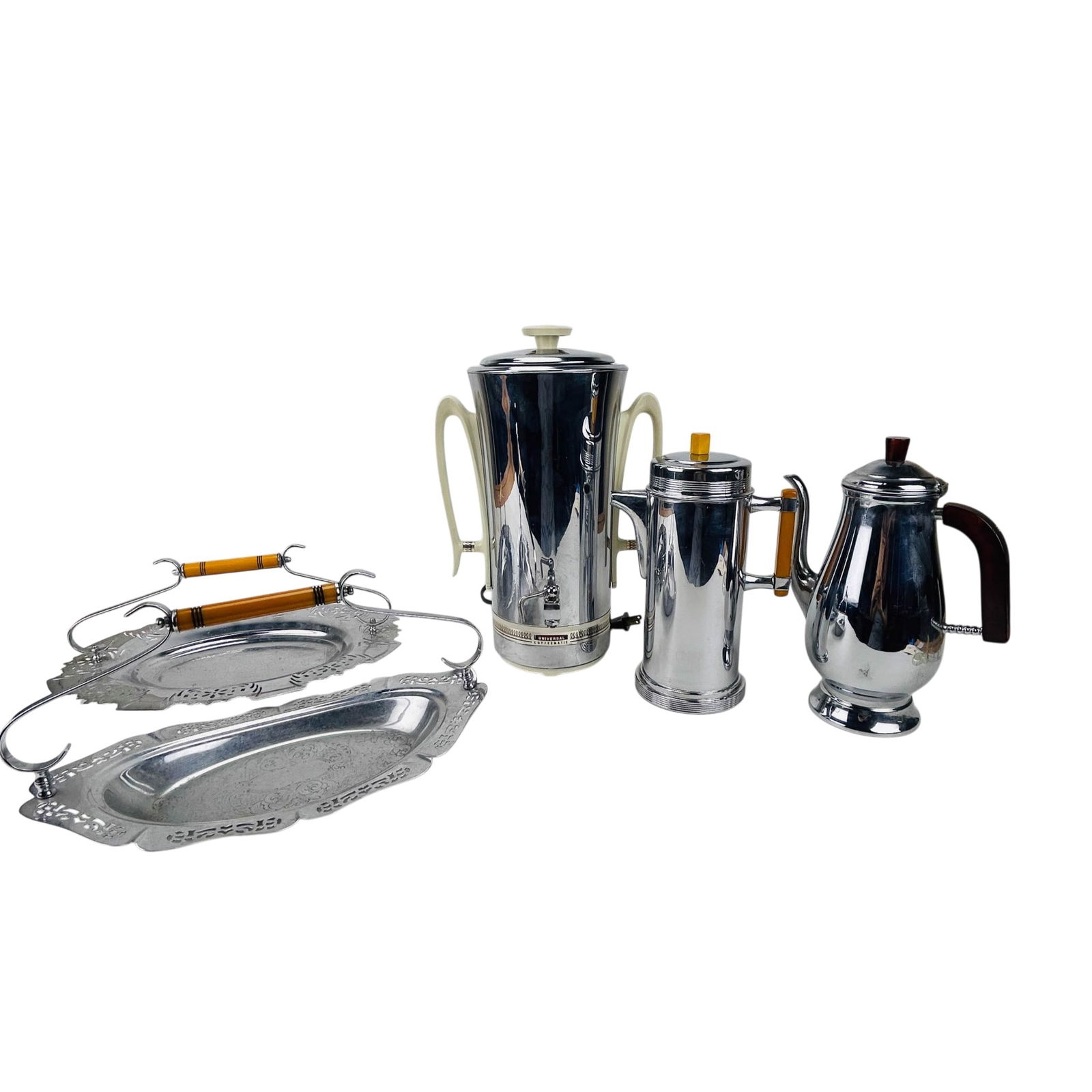 Mid Century Chrome Coffee Service and Trays Group: Group of chrome plated coffee service items including a Universal Coffeematic electric coffee urn by Landers Frary & Clark, a chromium plated coffee pot with Bakelite handle marked Chromium Plated LB,