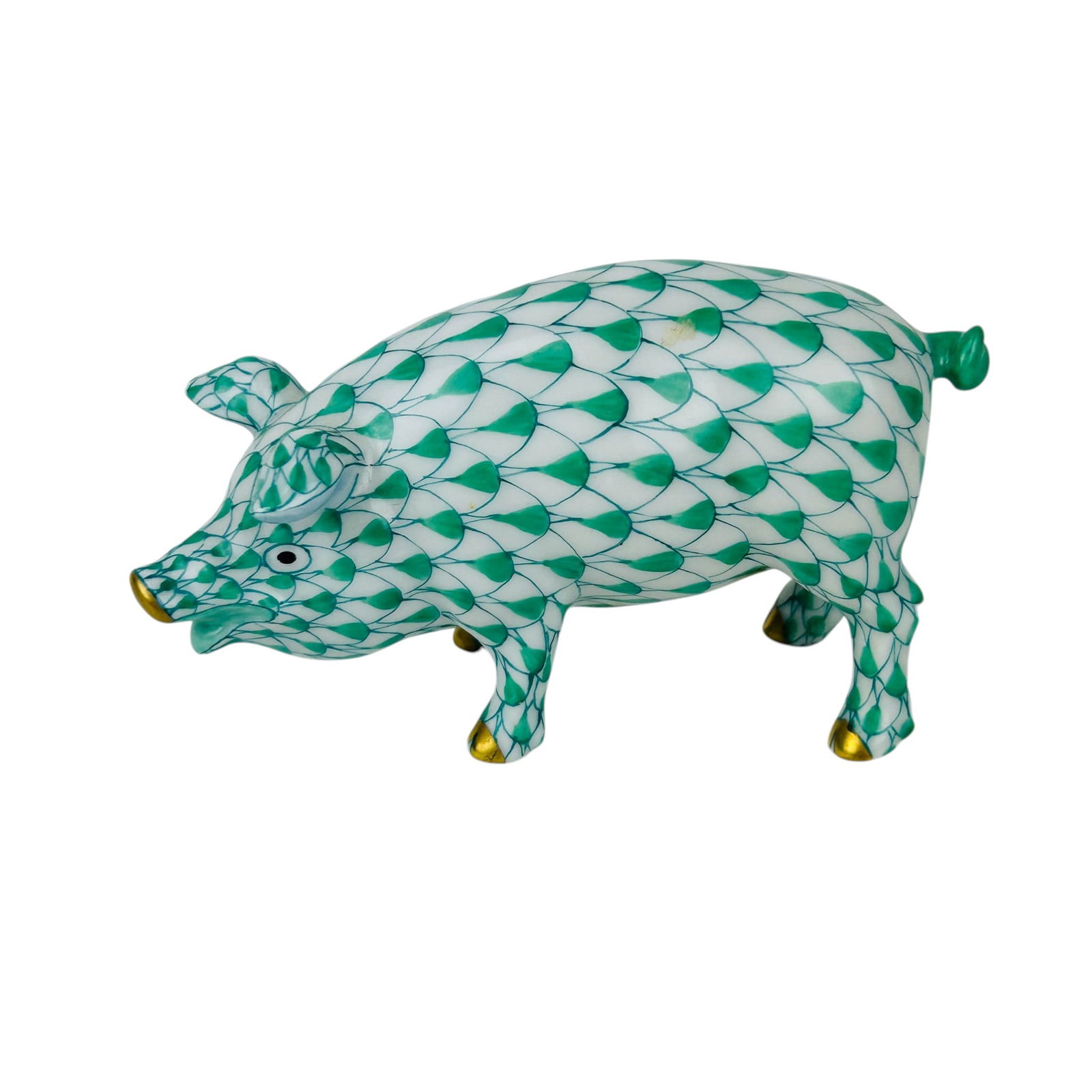Herend Green Fishnet Porcelain Sow Pig Figurine: Herend Hungarian porcelain pig figurine decorated in the signature Green Fishnet scale pattern over a white ground. The standing farm animal with curled tail displays hand painted detailing with gilt