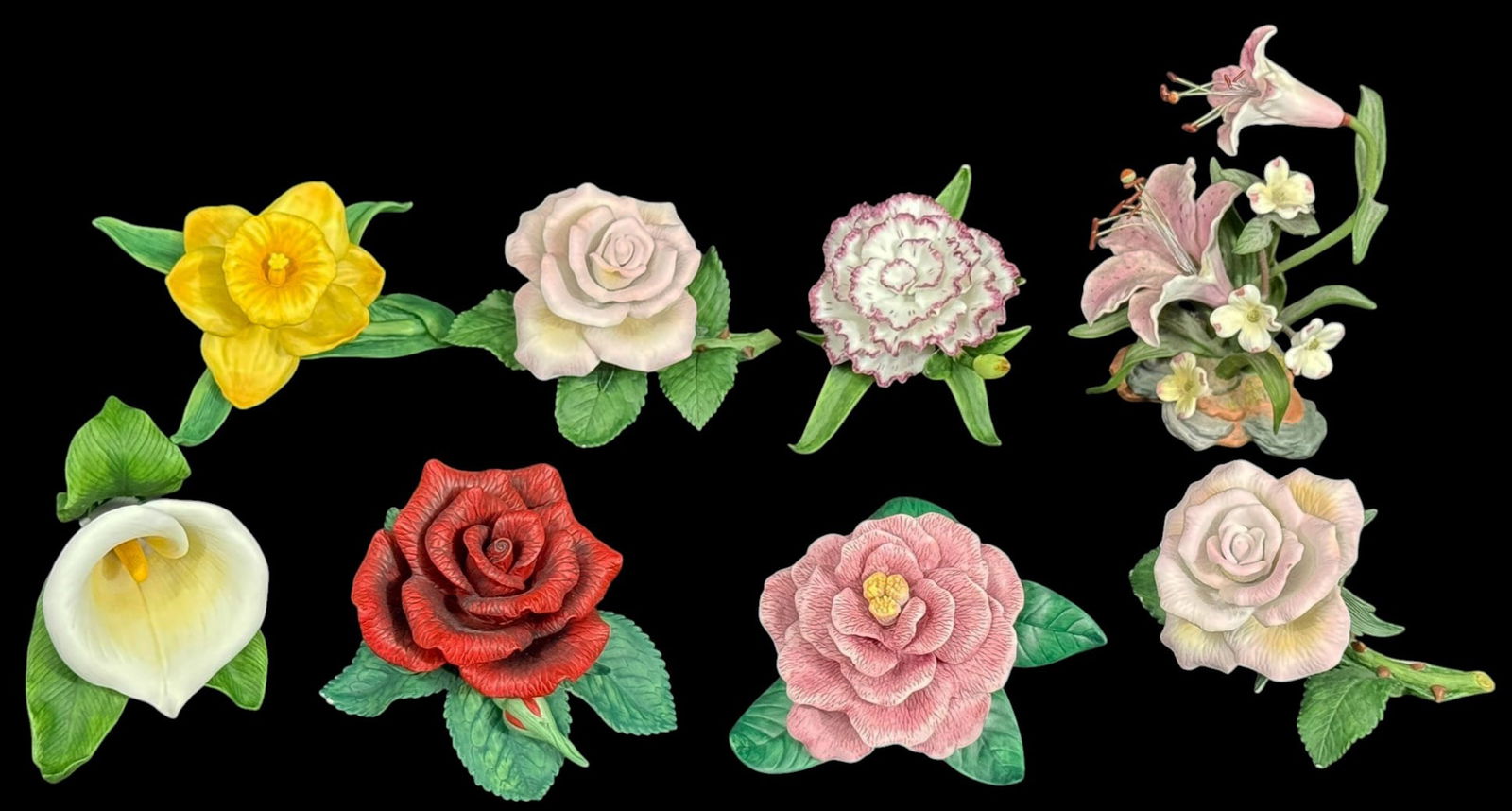 Lenox L/E Porcelain Floral Figurines 8pc LOT: Lenox, a group of eight porcelain floral figurines including lily, rose, daffodil, and carnation forms. The pieces are modeled as naturalistic blossoms with hand painted color and green leaves. One ex