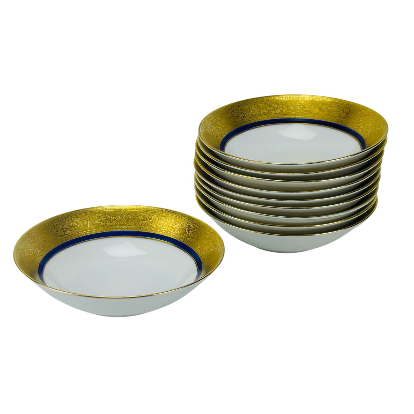 Rosenthal Gold & Cobalt Band Fruit Bowls 10pc SET: Rosenthal Germany porcelain fruit / dessert / berry / cereal bowls, set of ten. Each features a wide encrusted gold gilt border with intricate floral engraving and a deep cobalt blue band framing the