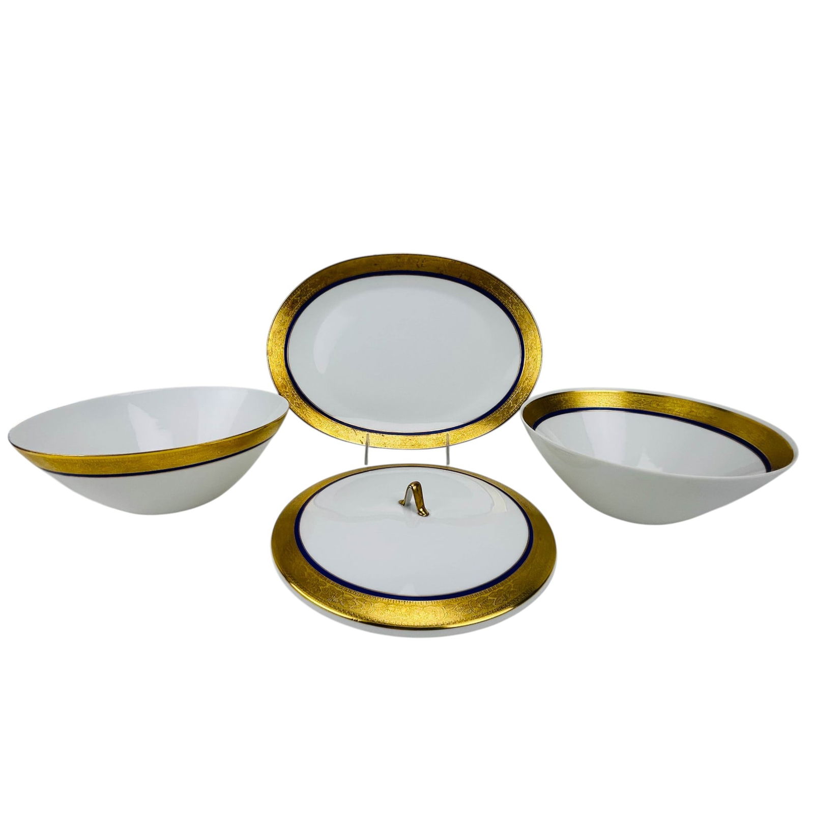 Rosenthal Gold & Cobalt Band Bowls & Tray 4pc LOT: Rosenthal Germany porcelain bowls (2), oval serving platter (1) and a (1) lid only Each features a wide encrusted gold gilt border with intricate floral engraving and a deep cobalt blue band framing t