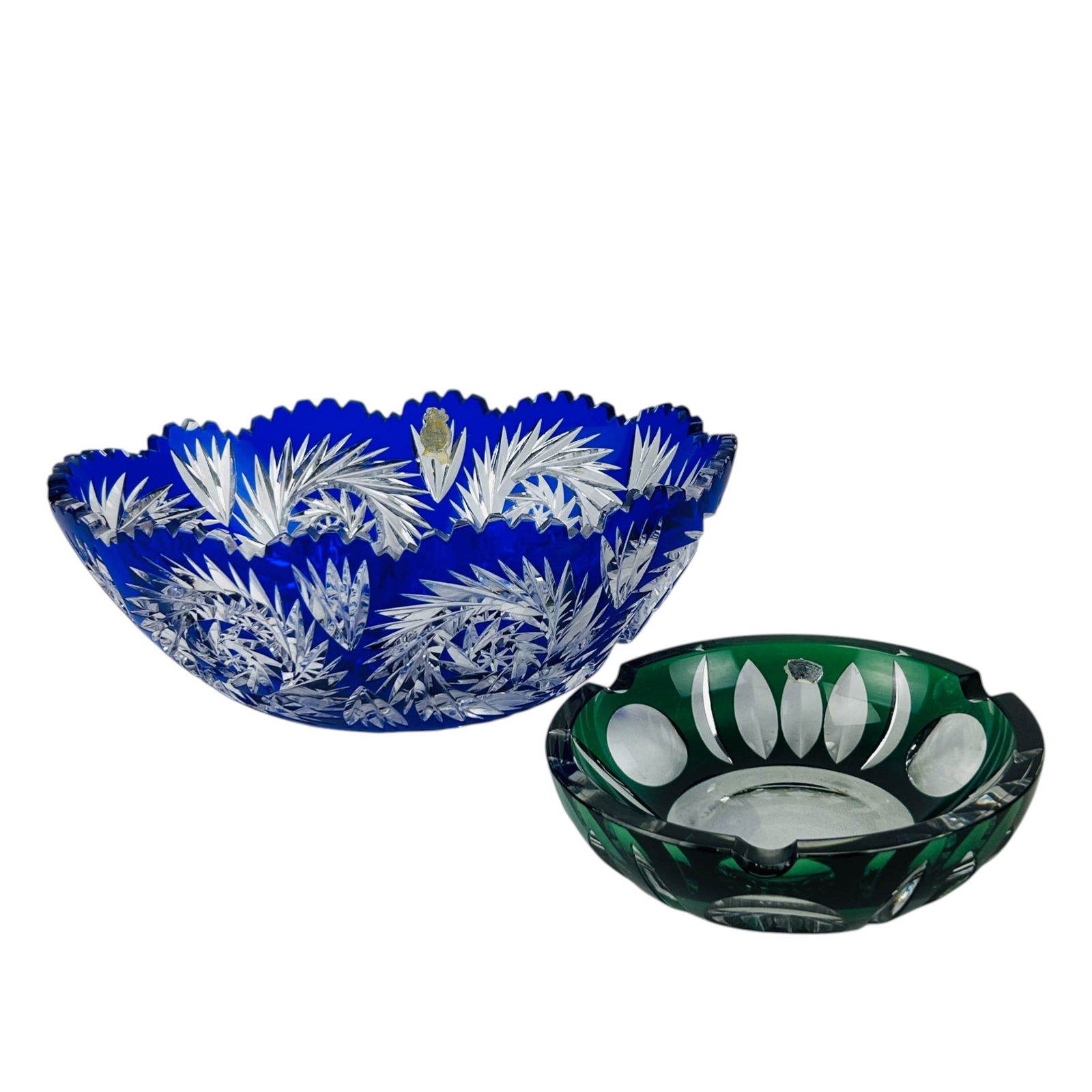 Imperlux Cut Crystal Bowl & Val St Lambert Ashtray: Grouping of two cut crystal pieces. Includes an Imperlux cobalt cut to clear bowl and an emerald green cut to clear crystal ashtray from Val St. Lambert. The larger example features a deep cobalt grou