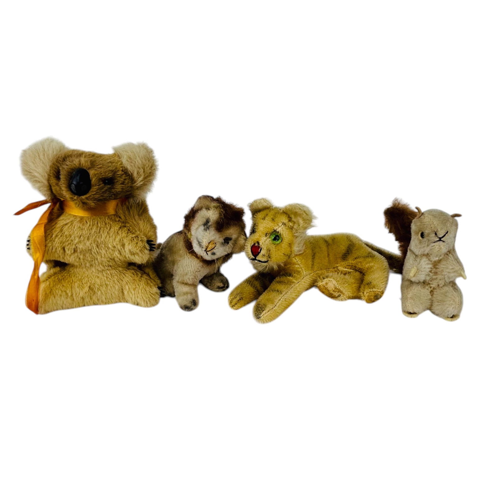 Ideal Japan & Steiff Germany Mohair Soft Toys 4pc: Grouping of four animal toys including a koala bear, tiger cub, squirrel, and small dog figure. Each example features synthetic plush fabric / mohair construction with stitched or molded facial featur