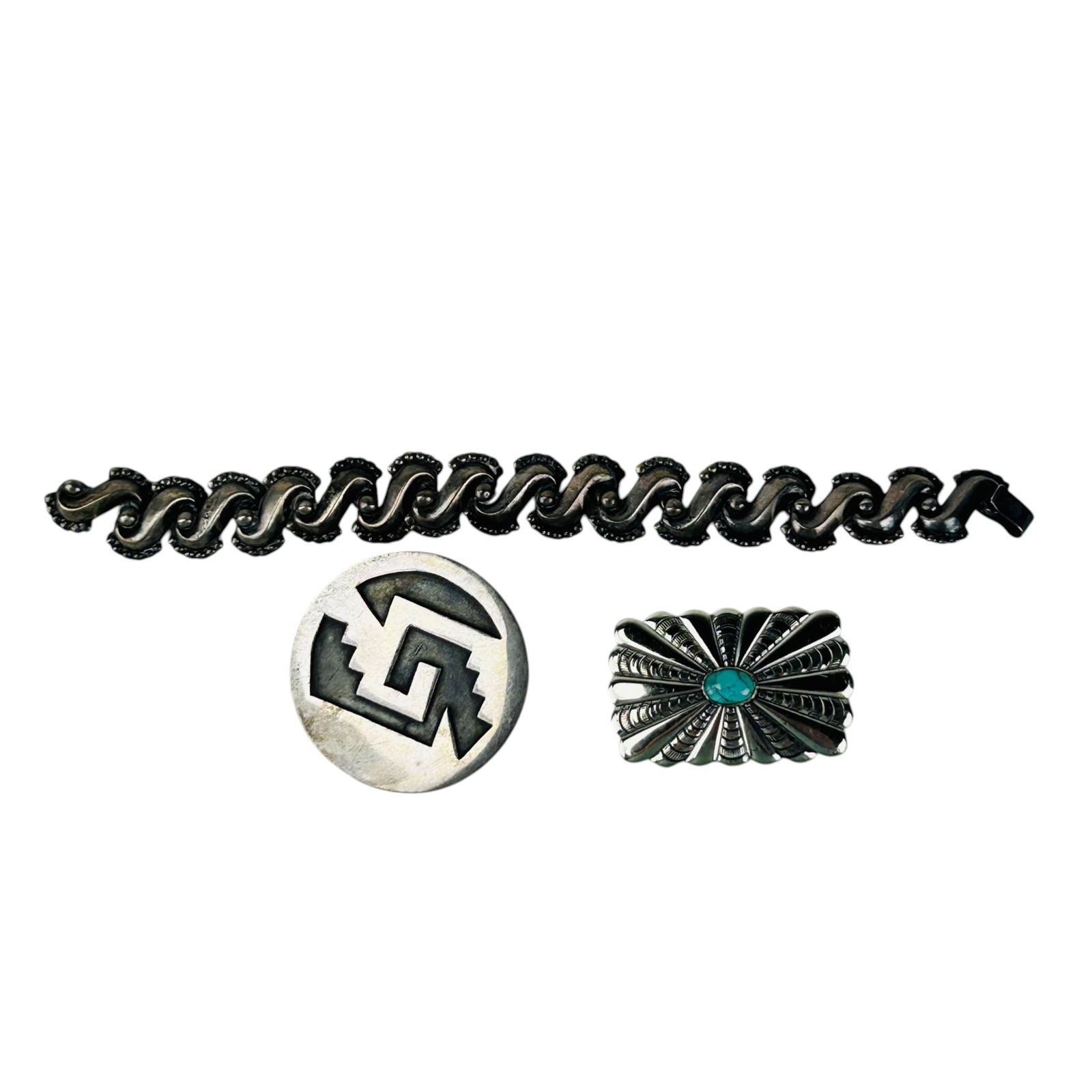 Mexican Sterling Silver Brooch Pin Bracelet 3p LOT: Grouping of three sterling silver 925 jewelry pieces. Includes a bracelet that features repeating curved scroll form links with beaded borders and box clasp closure, stamped with conjoined AV possibly