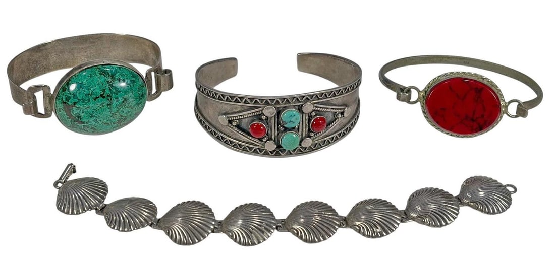 3 Sterling Silver 925 & 1 Alpacca Bracelet 4pc LOT: Lot of 3 sterling silver & 1 Alpaca bracelets with assorted cabochon and stone set designs, including bangles, a cuff, and a link bracelet. Marked '925' or 'Sterling.' The largest measures approximate