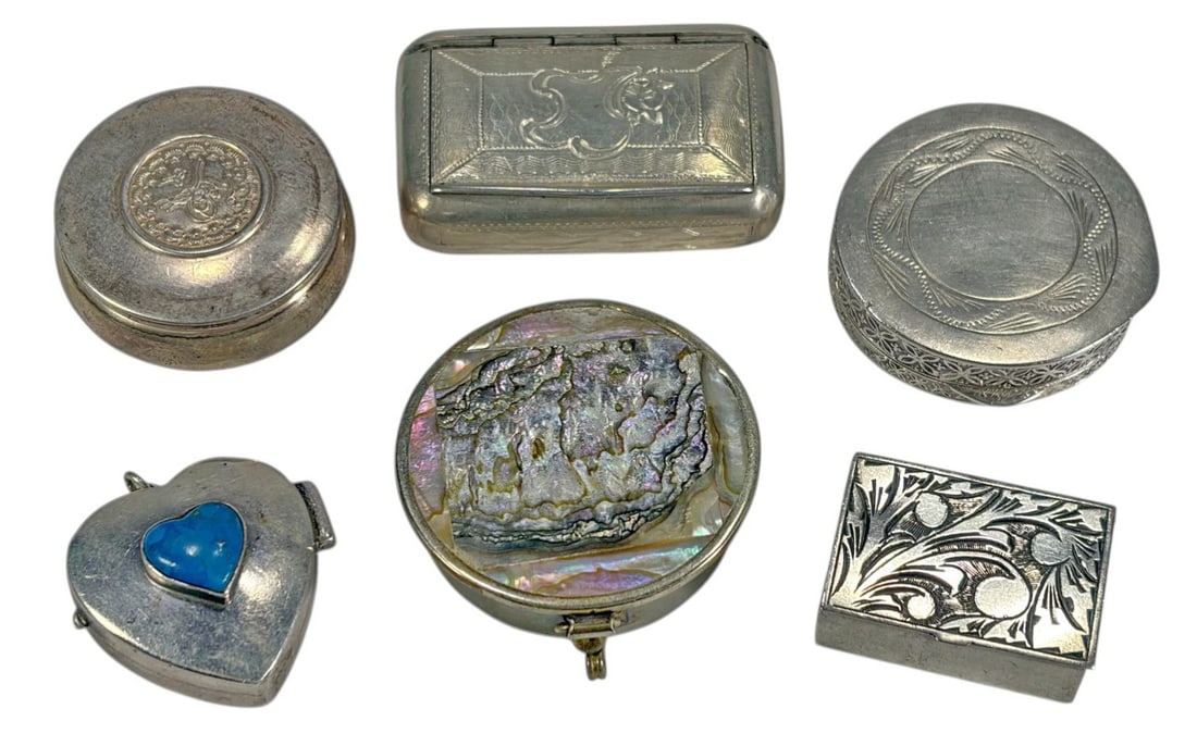 Sterling Silver 925, 800 & 900 Miniature Boxes 6pc: Collection of six miniature silver boxes in 925, 800, and 900 silver, each with distinct designs including heart, round, oval, and rectangular forms with engraved and inset decoration. Several example