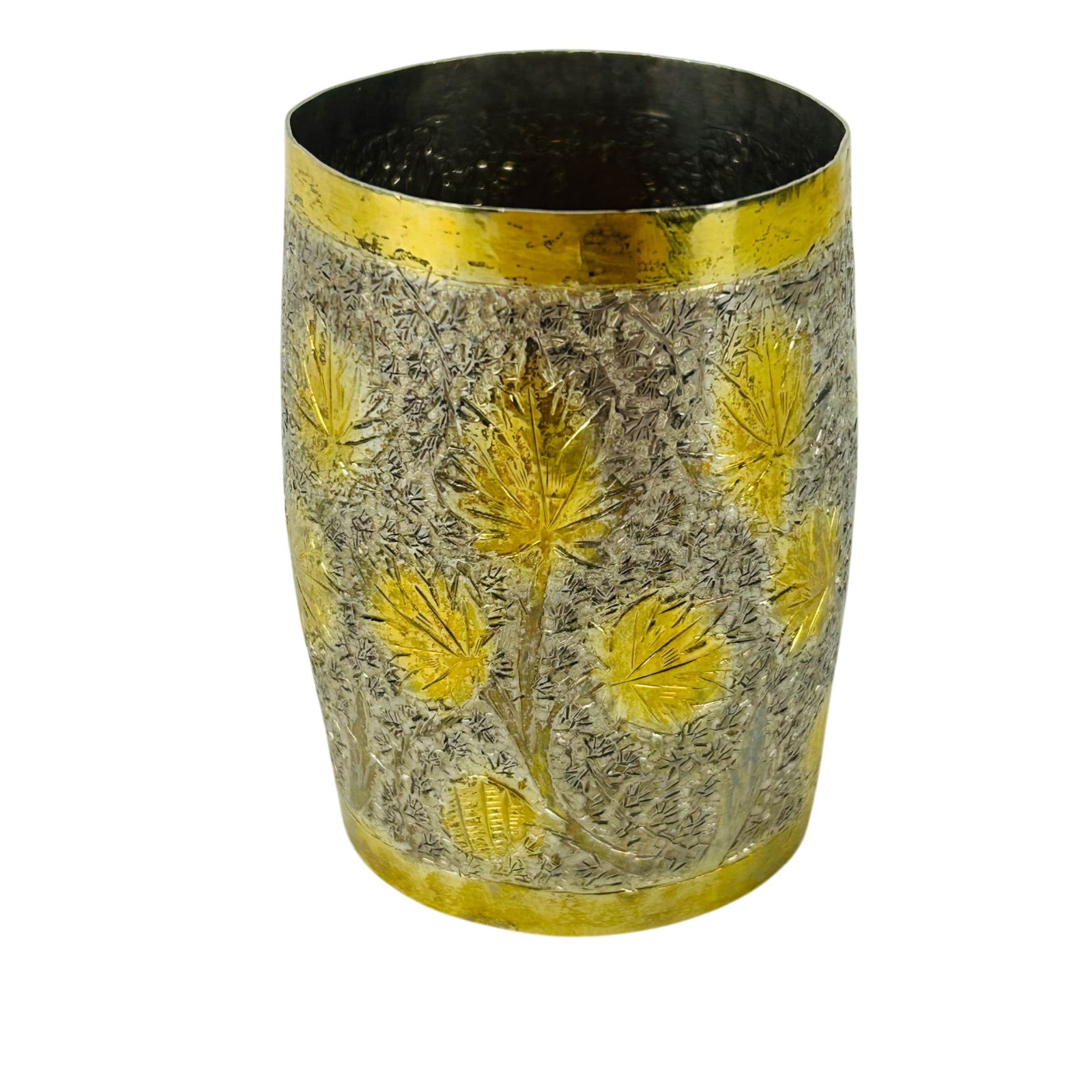 Sterling Gilt Silver Etched Maple Leaf Beaker Cup: Sterling silver 925 beaker cup. Showcases a chased maple leaf and branch motif with gold gilt accents repeated around the exterior of the body. No apparent maker's marks. Tested via X-ray fluorescence