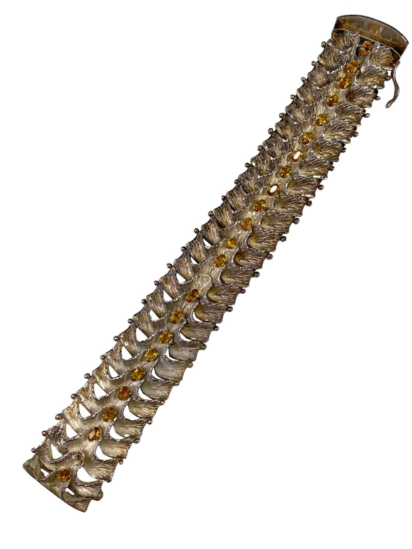 VTG 900 Silver Bracelet w/ Probably Yellow Topaz: Vintage .900 silver bracelet with openwork leaf-form links and bead accents, set with oval yellow gemstones, probably topaz. Box clasp with safety latch, marked '900' to its reverse. The bracelet meas