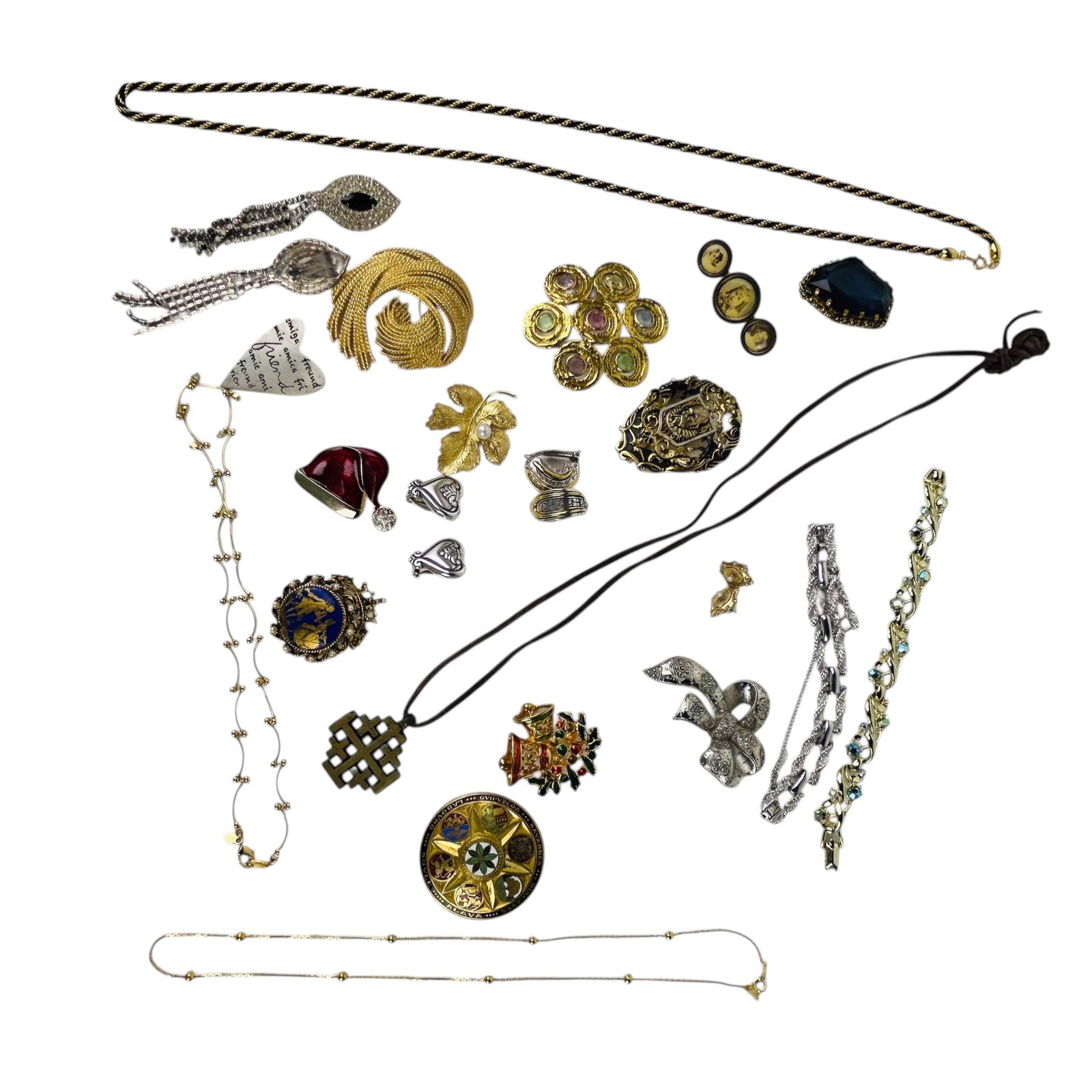 Costume Jewelry Brooch Pin Bracelet Earring 22pc: Group of assorted vintage costume jewelry including brooches, earrings, bracelets, and necklaces in mixed metal tones. Lot features rhinestone dangle earrings, portrait style pin, enamel decorated exa