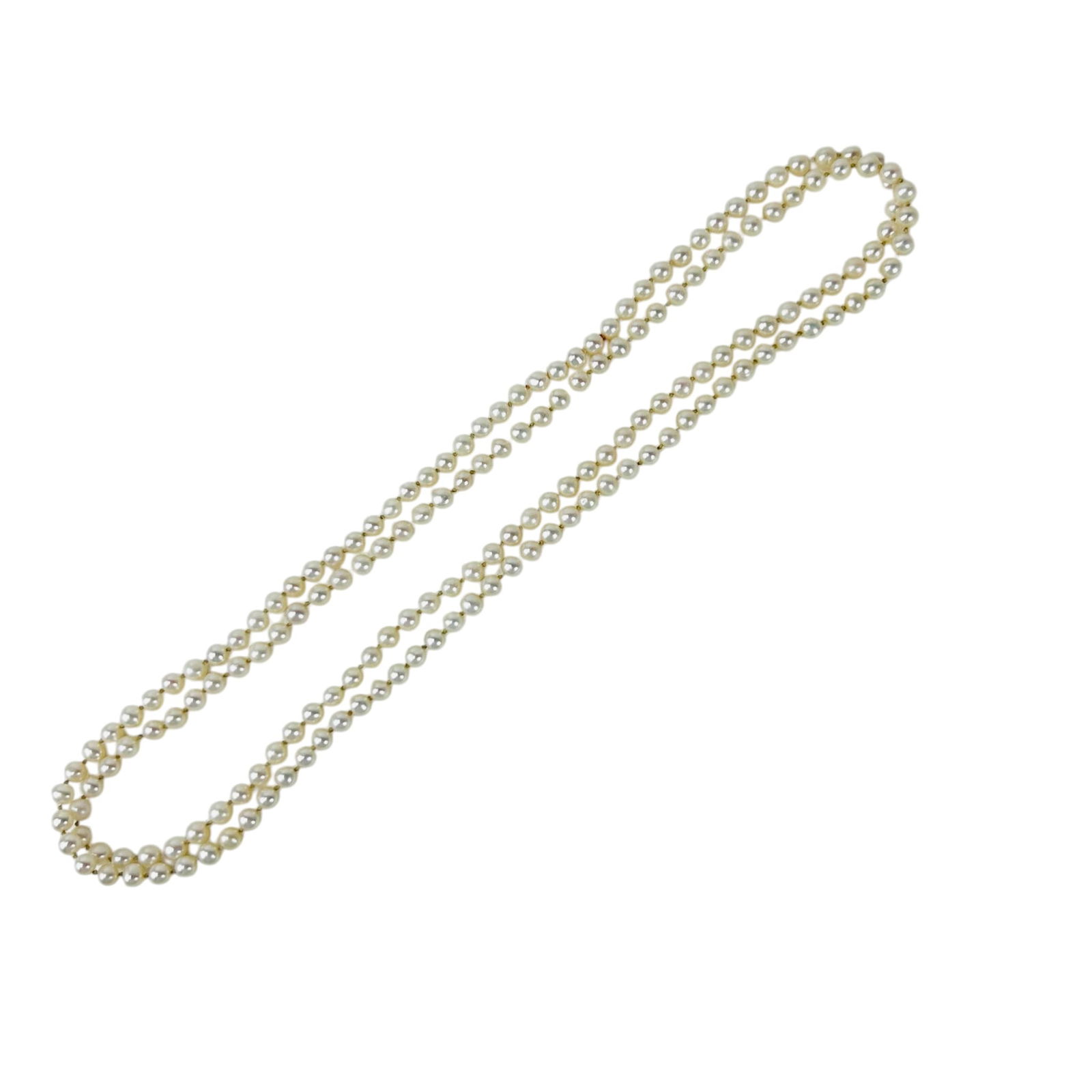 Freshwater Near Round Cultured Pearl Necklace 26g: Single strand necklace composed of near round white freshwater cultured pearls strung with visible knots between each bead. Pearls display soft luster and uniform arrangement forming a continuous stra
