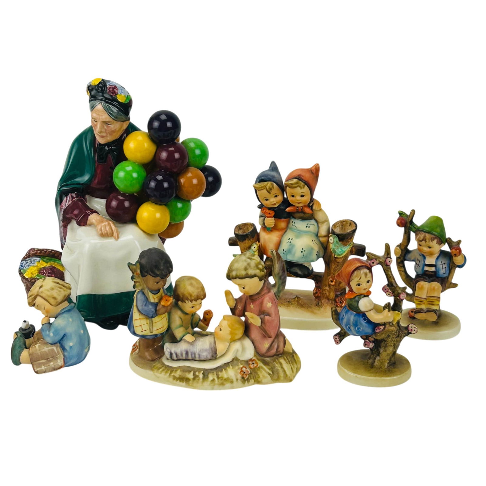 Hummel Royal Doulton Porcelain Figurines 6pc LOT: Estate collection lot of five Hummels and one Doulton figurine, total of six. Hummels include Apple Tree Boy (Hum142), Apple Tree Girl (Hum 141), A Nap (Hum 534), We Come in Peace Unicef Edition (Hum