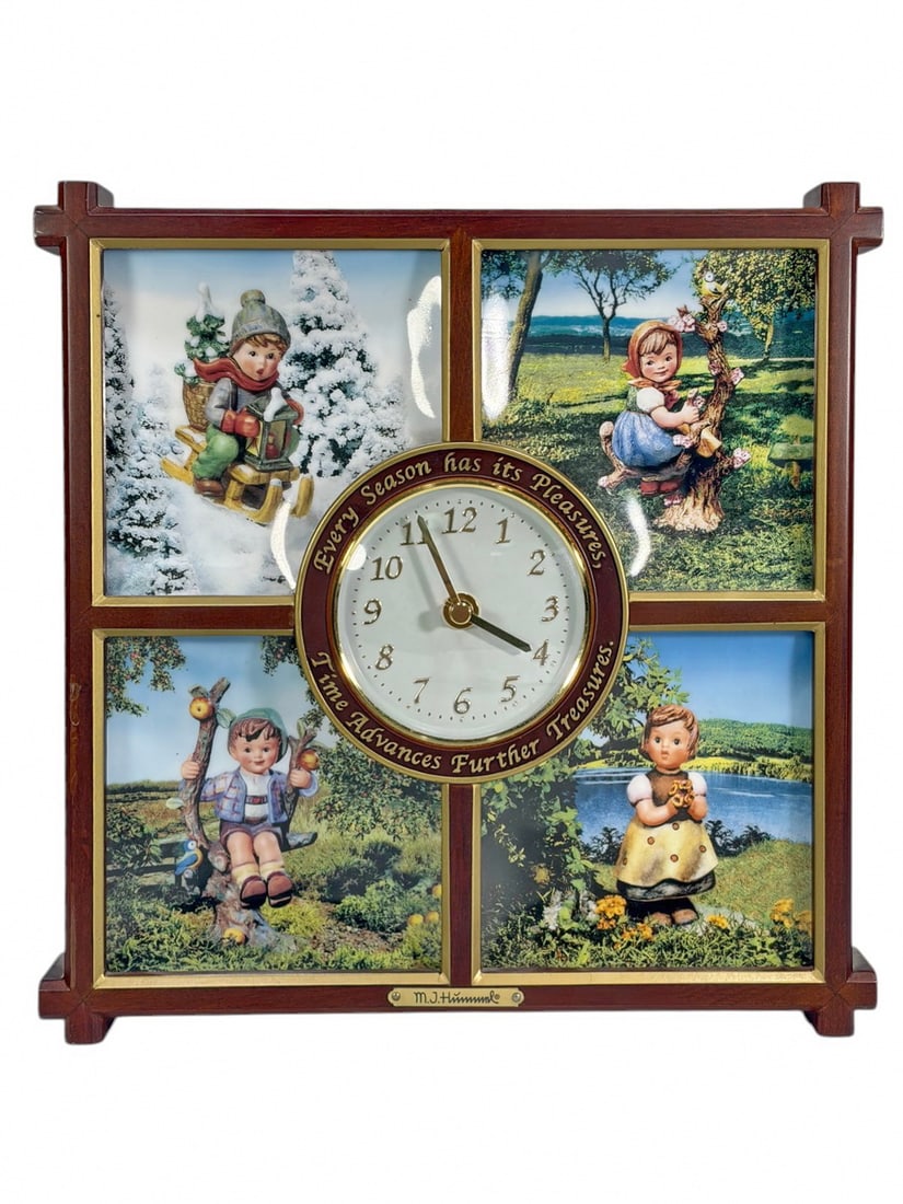 Goebel Hummel Four Seasons Porcelain Wall Clock: Goebel Hummel Four Seasons collector wall clock, wooden frame with gilt trim and porcelain panels of children in seasonal scenes, central quartz clock with inscribed phrase, marked to reverse.Dimensio