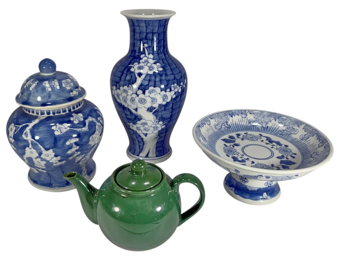 Chinese Blossom Jar, Vase, Bowl & Teapot 4pc LOT: Group of 4 Asian ceramic pieces including blue and white porcelain and green-glazed teapot, with blossom pattern on the jar and vase, and floral design on the bowl. The largest measures approximately