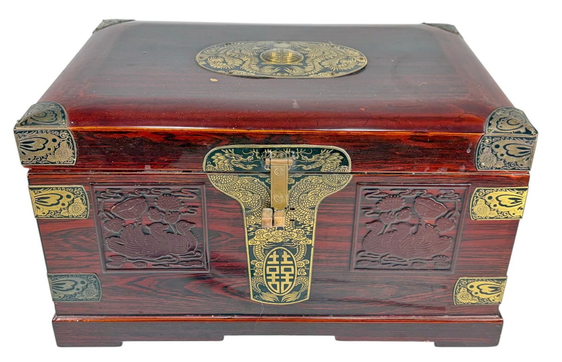 VTG Chinese Rosewood Brass Mounted Jewelry Box (1 of 6)