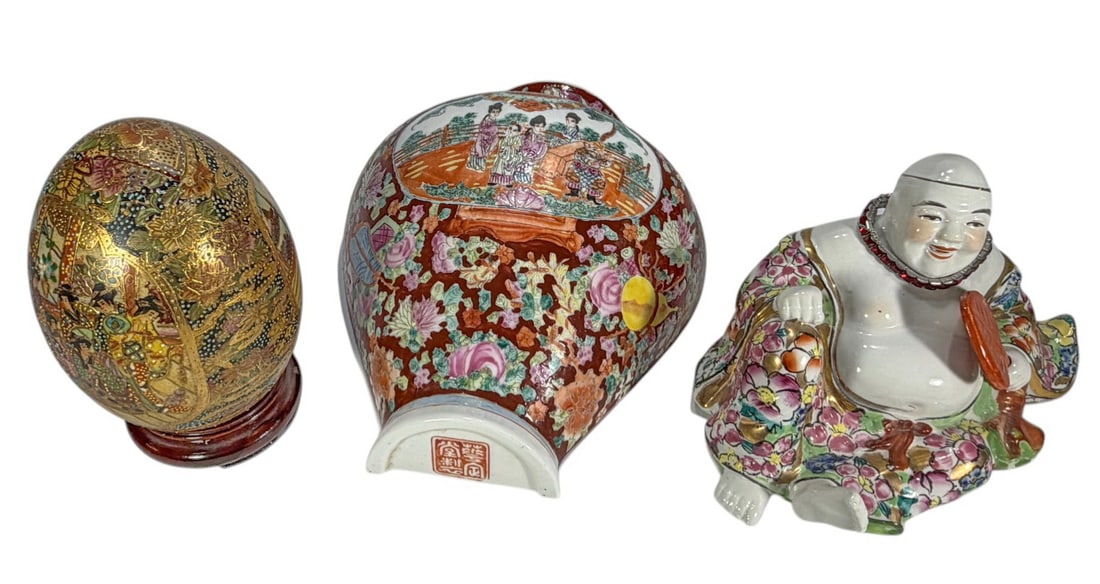 Chinese Porcelain Buddha, Planter & Egg 3pc LOT: Chinese Satsuma three piece group, includes figural decorated planter with floral motifs and gilt accents, egg form ornament on stand marked 'Made in China Satsuma,' and porcelain laughing Buddha figu