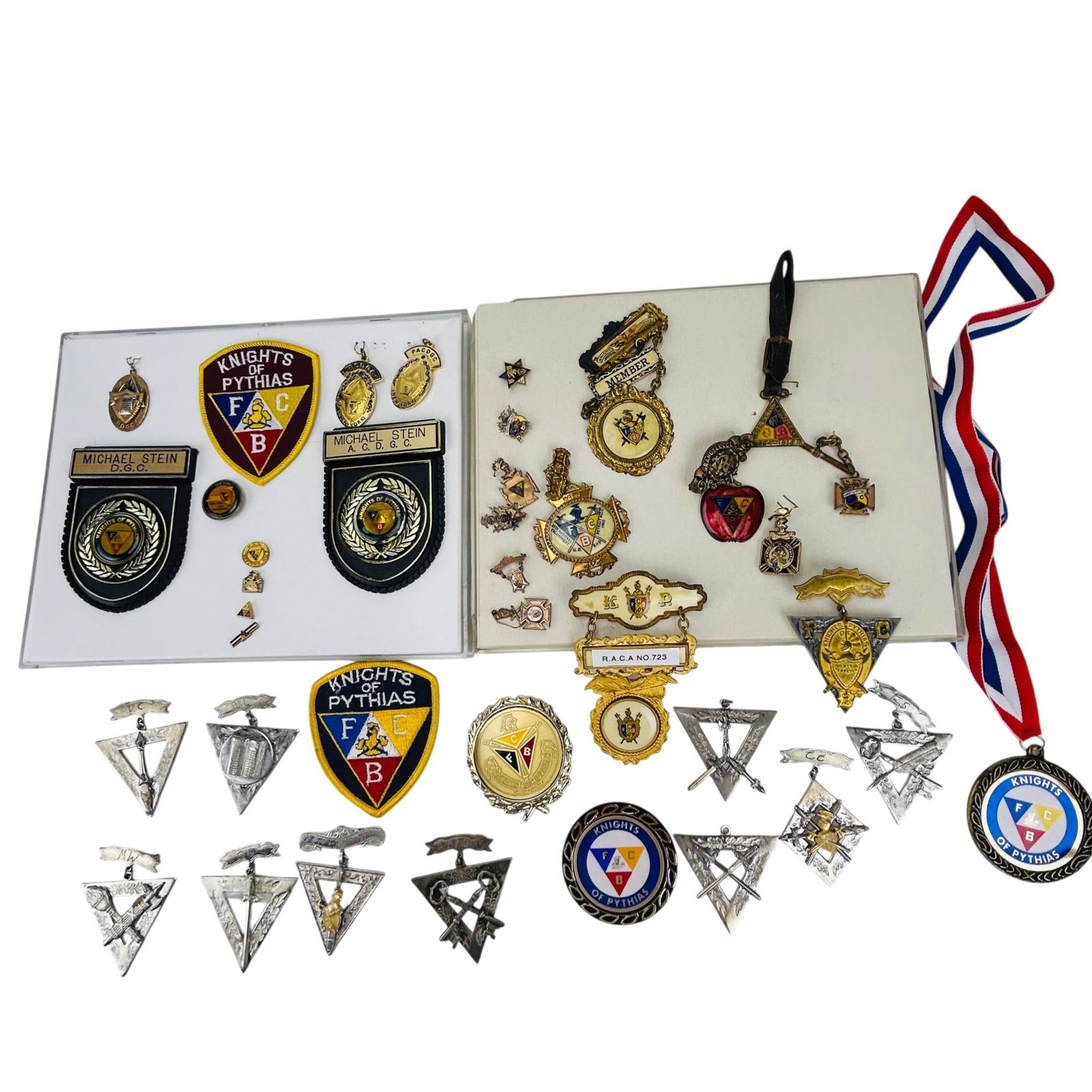 Knights of Pythias Pins Medals Badges Patches LOT: Grouping of Knights of Pythias fraternal items including pins, medals, badges, and embroidered patches. Lot features enameled and metal examples with organizational symbols, lettering, and figural dev