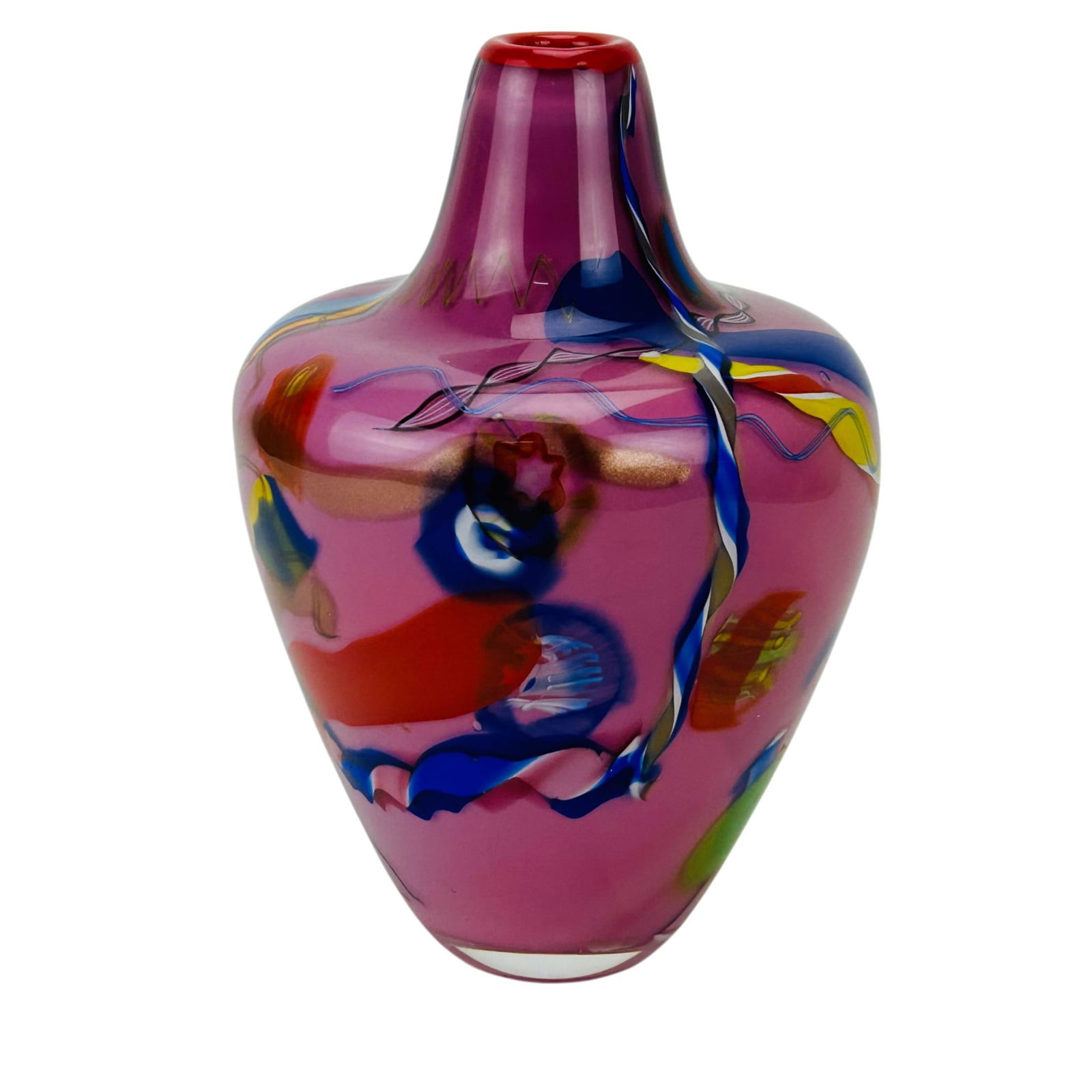 Studio Blown Abstract Ribbon Signed Art Glass Vase: Hand blown studio crafted art glass vase with short neck over high shouldered sloped tapered body. Pink ground with applied multicolor trails, twist ribbons and pulled designs, encased in clear liquid