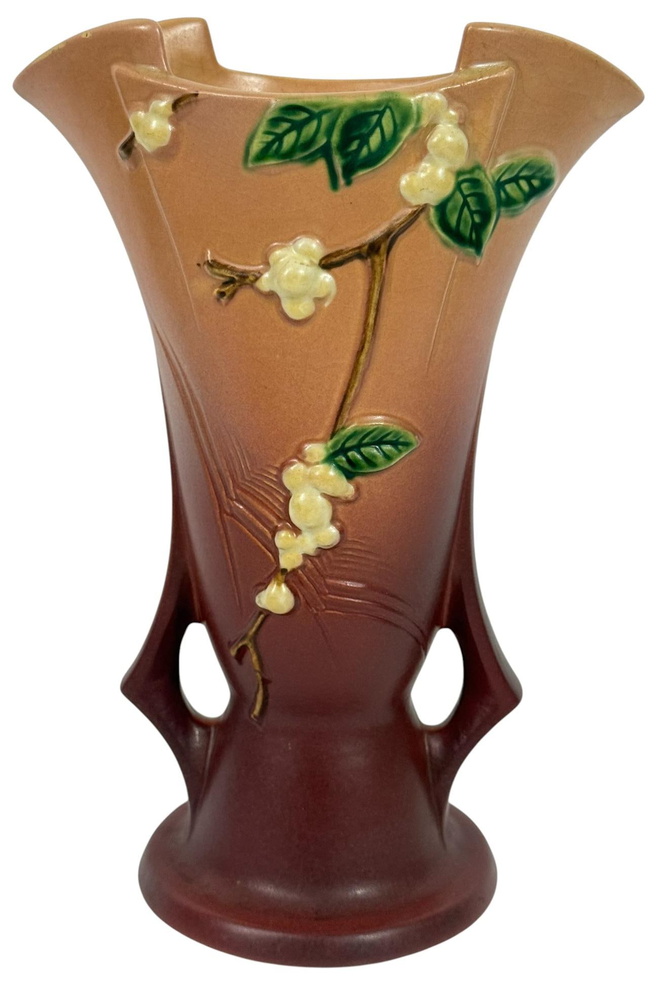 Roseville American Pottery 'Snowberry' Vase #1V-10: Roseville Pottery 'Snowberry' vase, featuring raised white snowberry clusters with green leaves on a soft pink-to-burgundy gradient glaze. This elegant Art Deco-style vase has distinctive open double