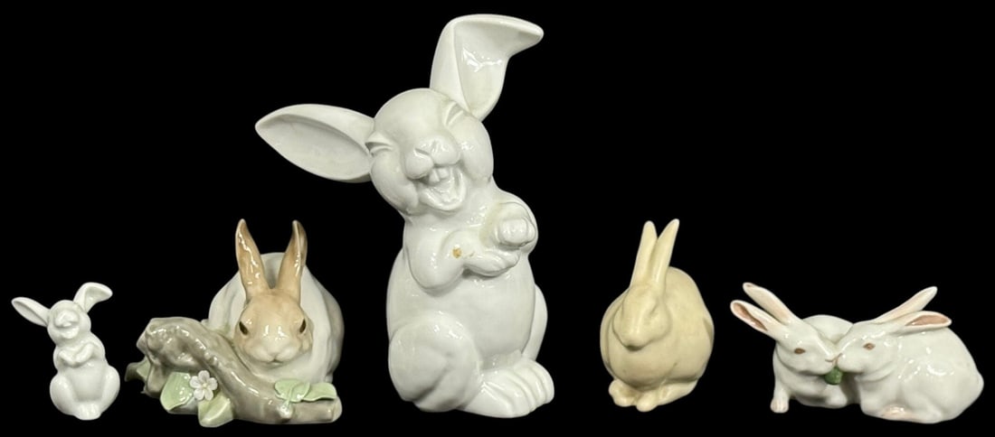 5 Lladro, Rosenthal & Copenhagen Rabbit Figurines: Lot of five porcelain rabbit figurines including examples by Lladro, Rosenthal, Royal Copenhagen, and Rookwood. Each piece retains its markings underneath their base. The largest measures approximatel