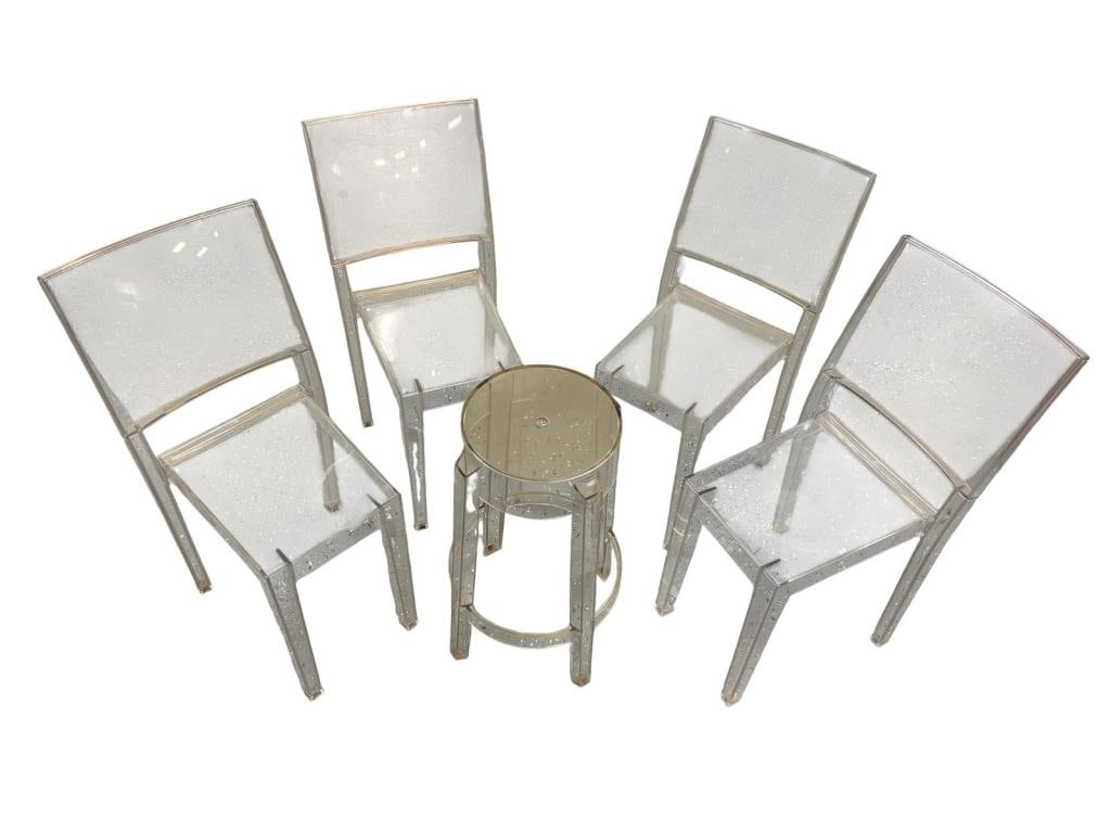 Kartell Charles Ghost by Starck Italian Chairs 5pc: Four transparent polycarbonate 'Charles Ghost' chairs and one matching round stool, designed by Starck for Kartell. Each piece marked 'Kartell / Made in Italy / Starck'. The largest measures approxima