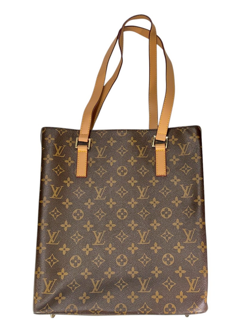 Louis Vuitton Vavin Style Monogram Canvas Tote Bag: Louis Vuitton style tote in brown monogram canvas with vachetta leather straps and trim, open top with clasp closure, suede-like lining, and zip pocket. Includes matching detachable pochette with gold