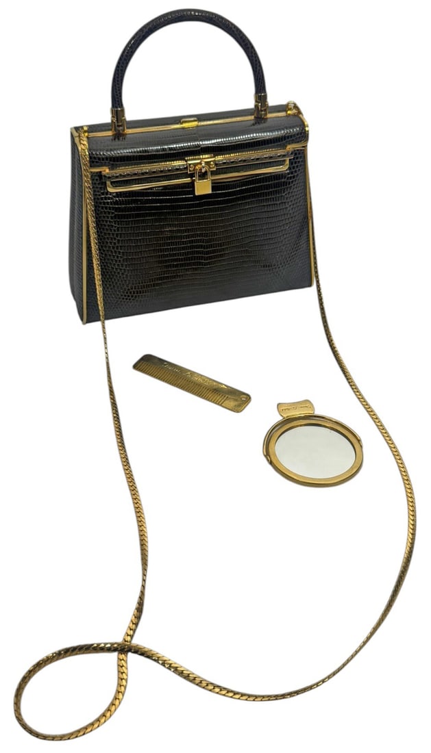 Finesse La Model Lizard Skin Handbag Purse w Chain: Finesse La Model, vintage structured ladies handbag purse in brown lizard skin with gold tone hardware and top handle. Features a front clasp closure and detachable shoulder chain. Interior includes f