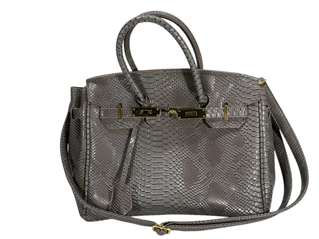 Jingpin Piju Gray Snakeskin Embossed Tote Handbag: Jingpin Piju gray snakeskin embossed tote with satchel form, dual handles, detachable strap, and gold-tone turn-lock style closure. Textured exterior with stud feet and spacious interior.Dimensions: 1