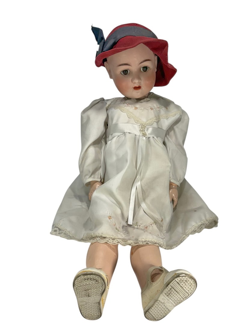 Armand Marseille Germany Large Bisque Head Doll: Armand Marseille bisque head doll, marked 'AM Germany 1362 / Made in Germany / 8,' with glass sleep eyes, open mouth, composition body, dressed in period clothing, early 20th century German example.Di