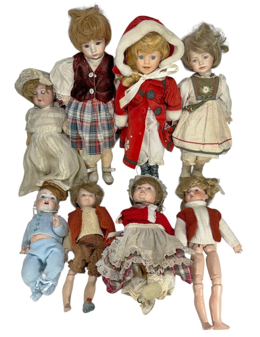 Armand Marseille, Hermann Steiner, Others Doll 8pc: Collection of 8 porcelain, bisque head and composition dolls including Armand Marseille, Hermann Steiner & others, antique and later examples, with sleep eyes, marked and unmarked pieces, dressed in p