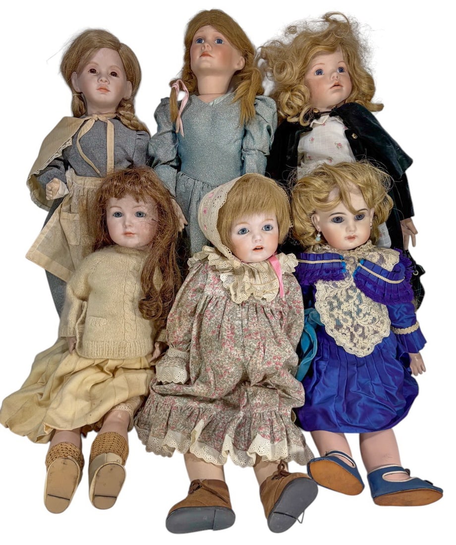 Simon & Halbig, Muller & Loffler & Effner Doll 6pc: Group of 6 bisque dolls including Simon & Halbig, Muller & Loffler & Dianna Effner, antique and reproduction examples, with glass eyes, marked pieces, and dressed in period-style clothing. The largest