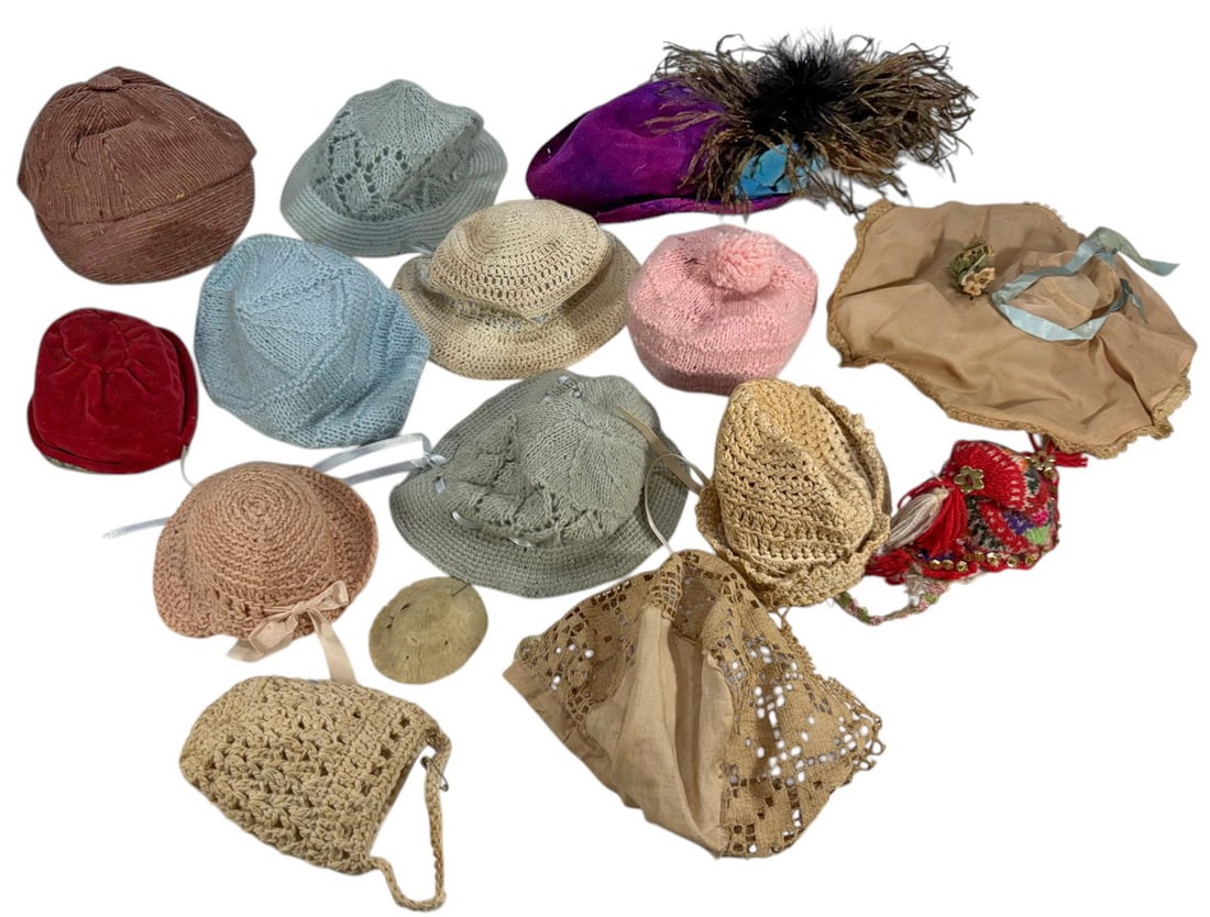 VTG Needlework Crochet Fabric Doll Hats 15pc LOT: Collection of 15 vintage doll hats including crochet, knit, felt and fabric examples, with ribbon, lace and feather accents, some labeled and suitable for dolls or display. The largest measures approx