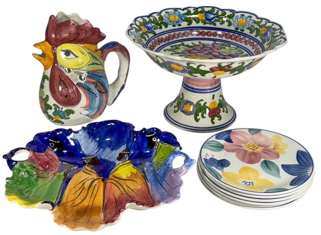Johnson Bros, Dawn Pottery & Greek Ceramics 9pcs: Mixed lot of 9 ceramic pieces including Johnson Brothers, Dawn Pottery and Greek hand-painted examples, with rooster pitcher, compote, bowl and Marie pattern plates, in varied decorative styles. The l