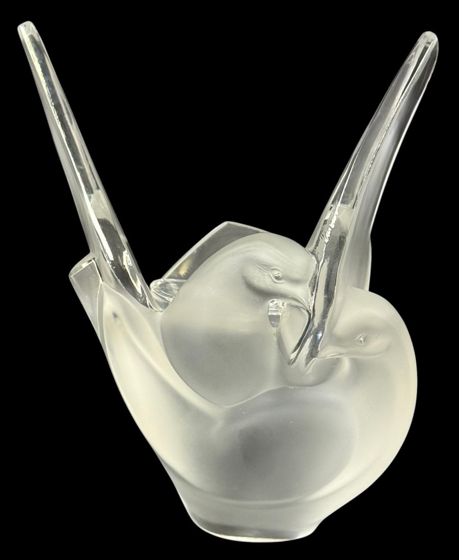 Lalique French Crystal "Sylvie" Vase w/ Frog: Laique "Sylvie" French crystal vase featuring an elegant sculptural design of two stylized birds with elongated necks and gracefully arched forms. Executed in frosted and clear crystal, the birds emer
