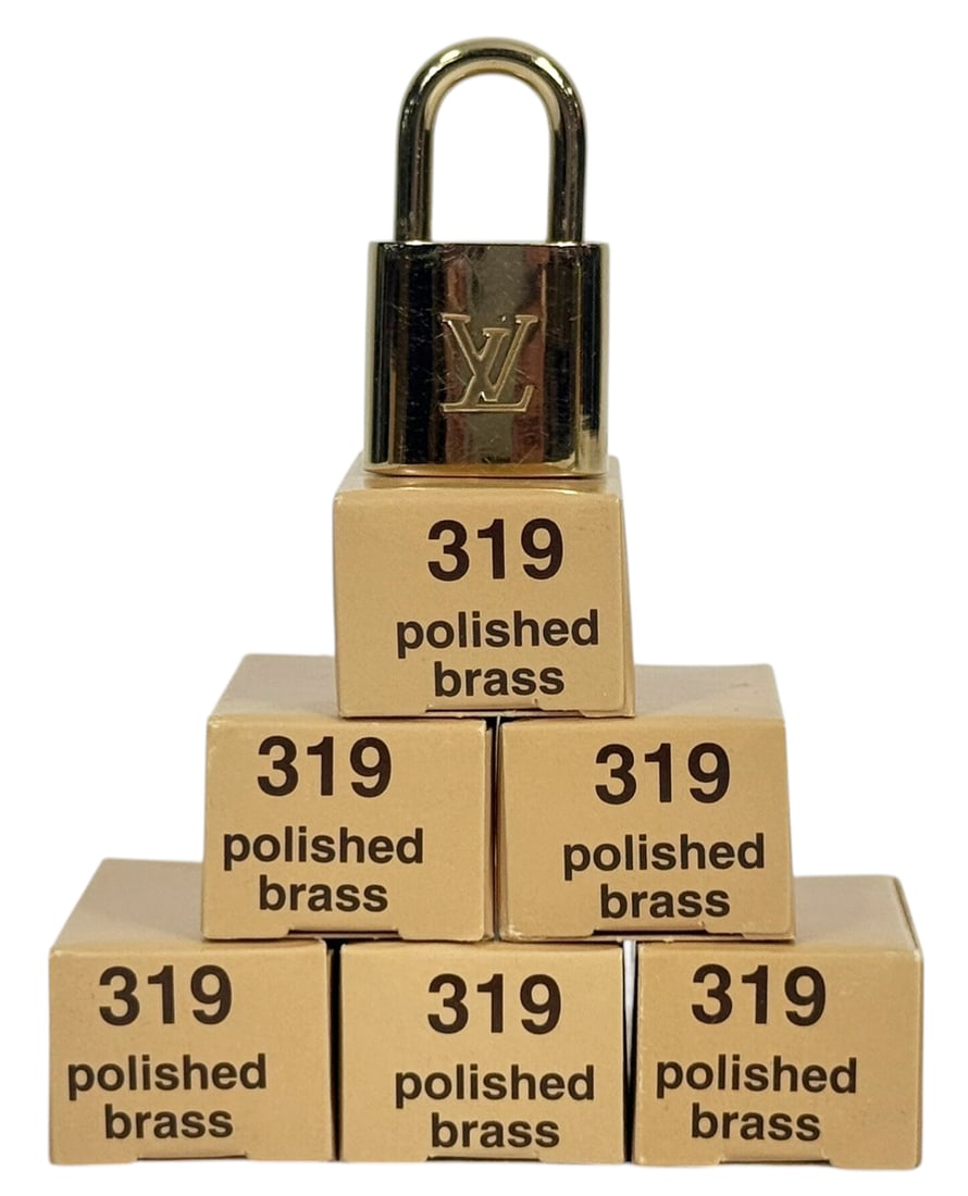 LV Brass Padlocks Model 319 w/ Keys 6pc SET: Designer inspired set of six polished brass padlocks model 319, each accompanied by matching keys and original boxes. The locks feature the iconic LV monogram on one side and are stamped on the revers