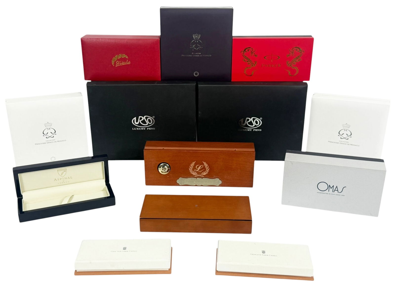 Montblanc Omas Parker Stipula Urso Pen Boxes 13pcs: Montblanc Omas Parker Stipula Urso, a collection of thirteen pen presentation boxes and cases from notable writing instrument makers. The group includes Montblanc Princess Grace de Monaco presentation
