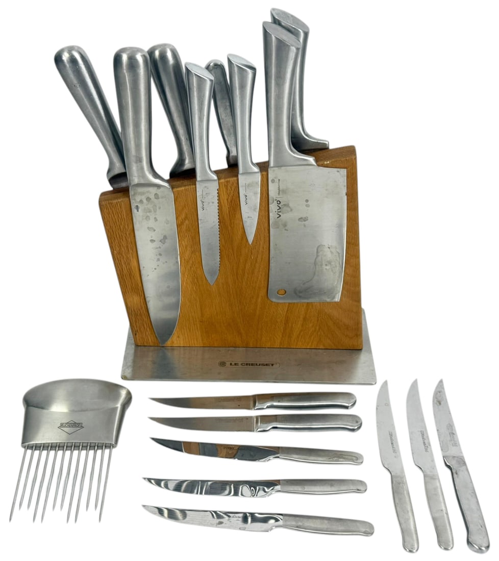 KitchenAid & Vivo Stainless Steel 17pcs Knife SET: KitchenAid and Vivo, seventeen-piece stainless steel knife set featuring a modern magnetic wooden knife block with stainless steel base. The set includes a variety of kitchen knives such as chef's kni