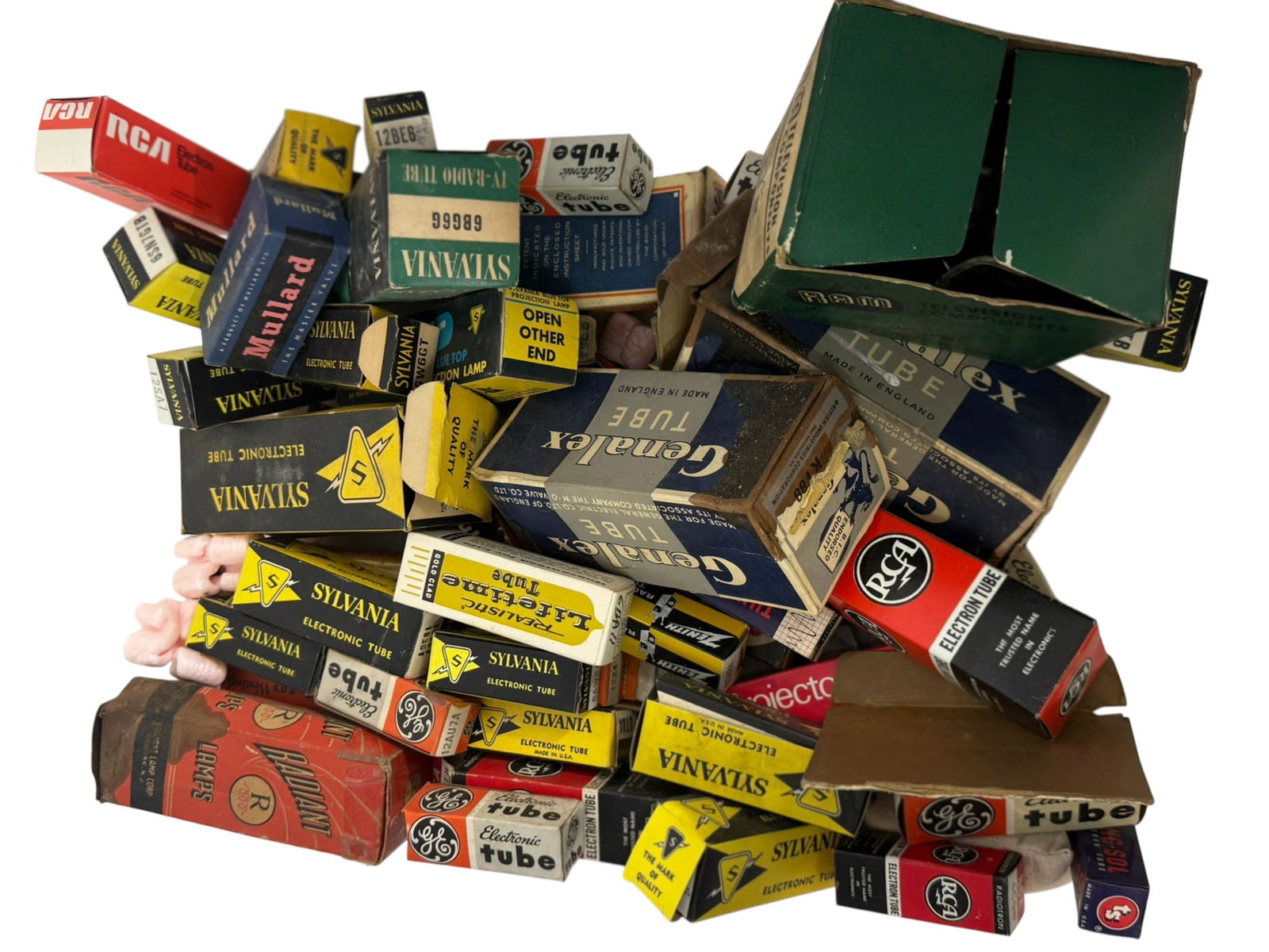 Vintage Electronic Vacuum Tube Collection 30+ LOT: Collection of over thirty vintage electronic vacuum tubes in original boxes. The lot includes a wide assortment of radio and television tubes with visible examples such as Sylvania electronic tubes, R