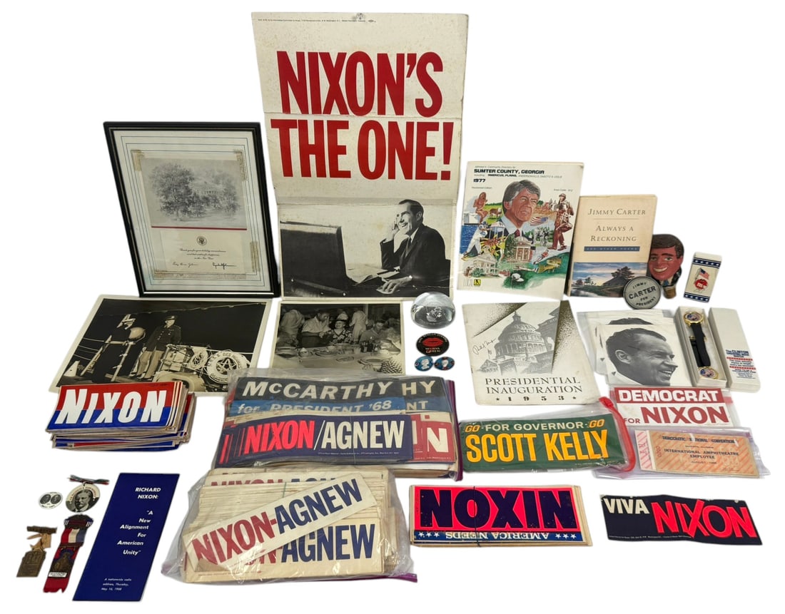 U.S. Political Presidential Campaign Ephemera: Collection of mid to late 20th century United States political campaign memorabilia. The lot includes a large Nixon's The One campaign poster, numerous Nixon Agnew campaign bumper stickers and signage