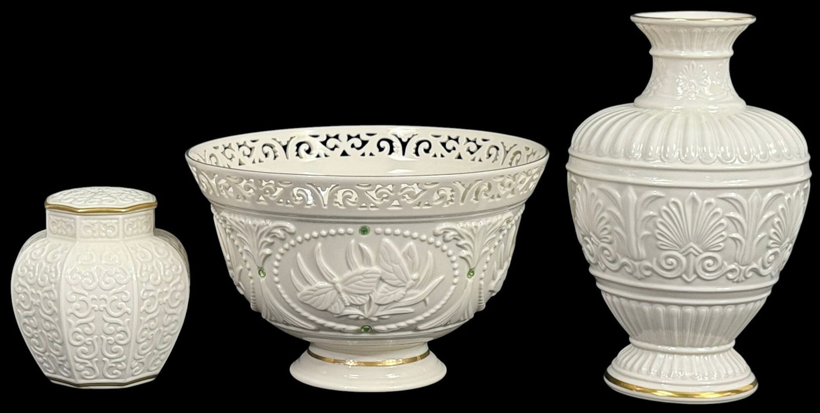 Lenox Porcelain American Collection 3pc SET: Lot of three Lenox ivory fine china decorative pieces including a fluted form vase from the American Collection, a jeweled Butterfly Bowl limited edition 2001 example, and a lidded decorative jar with