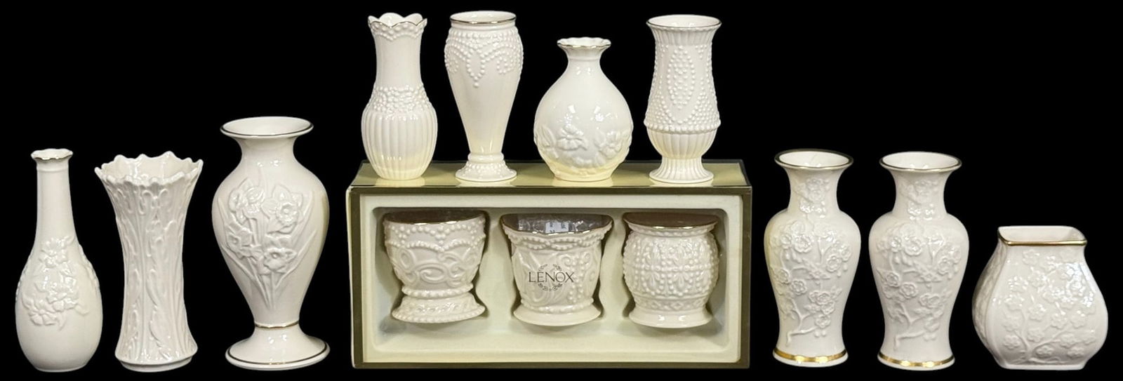 Lenox Porcelain Miniature Vase Collection 13pc SET: Lot of thirteen Lenox porcelain miniature vases and decorative vessels including a boxed set of three and various individual forms. The group features an array of classic Lenox designs such as floral