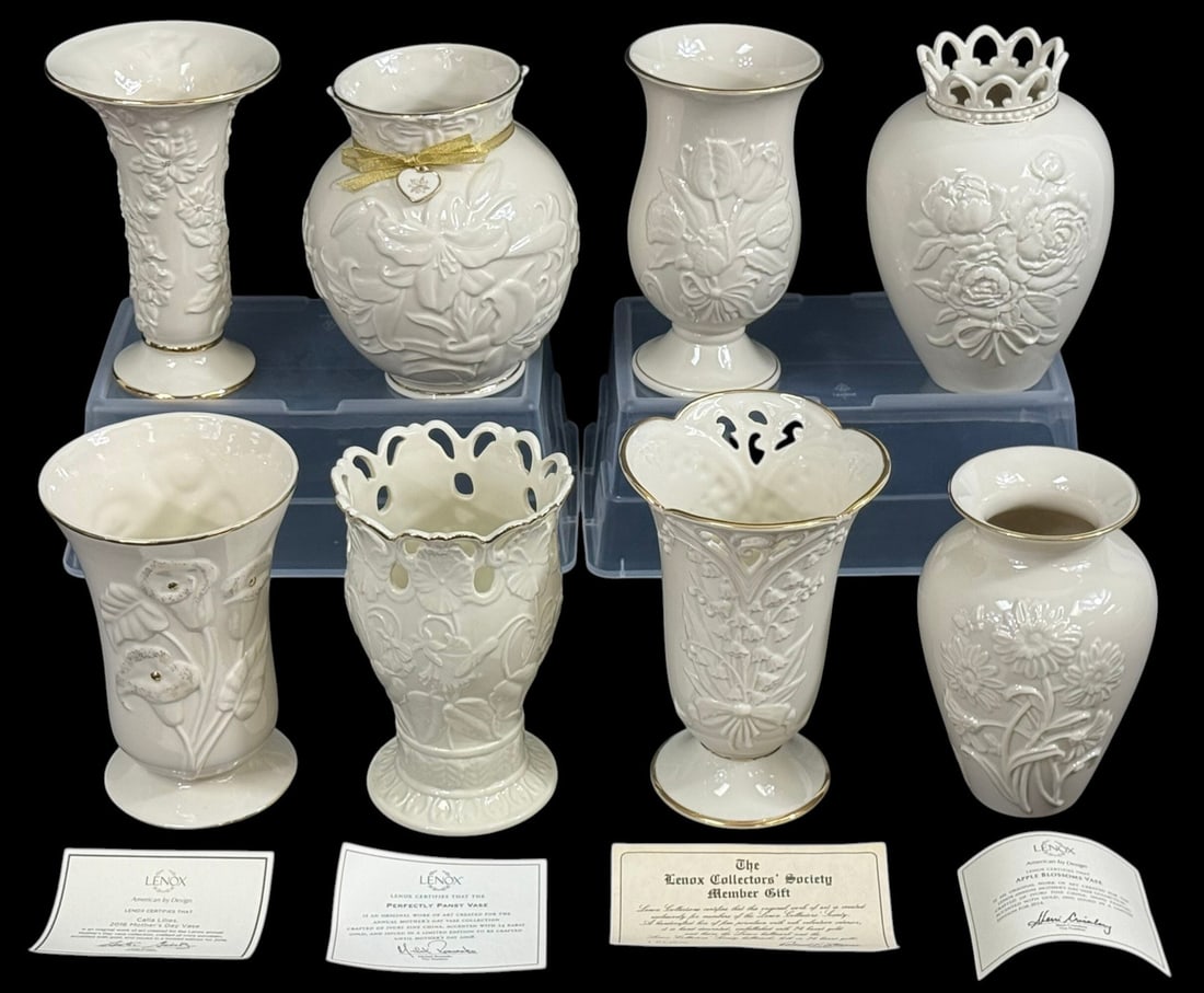 Lenox Porcelain Decorative Floral Vases 8pc SET: Lot of eight Lenox ivory china decorative vases featuring various floral motif designs including lilies daisies apple blossoms and pansies. This group includes multiple commemorative and limited editi