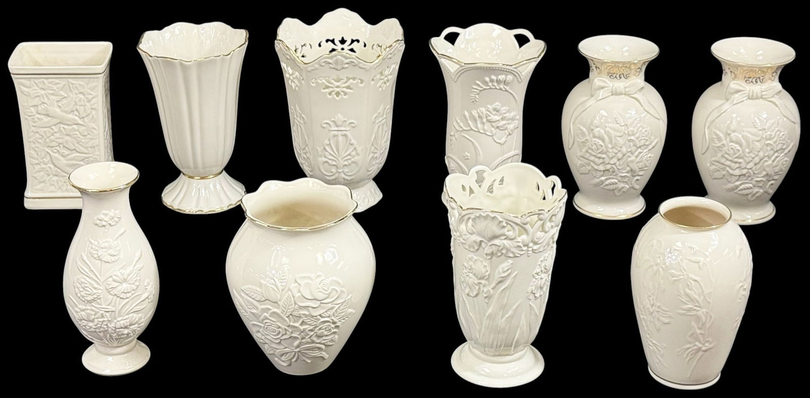 Lenox Porcelain Decorative Floral Vases 10pc SET: Lot of ten Lenox porcelain decorative vases featuring a variety of floral and botanical relief designs including roses irises freesia and stylized blossoms. This group includes notable limited edition