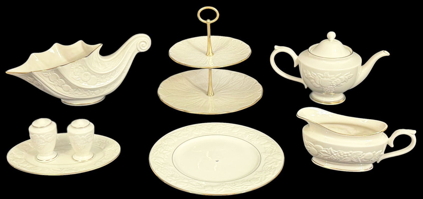 Lenox Fruits of Life Cornucopia Porcelain 6pc LOT: Lot of six Lenox, Fruits of Life Cornucopia pattern ivory china serveware grouping including a lidded teapot with fruit relief motif, a two tier handled serving stand with gilt metal handle, a cornuco